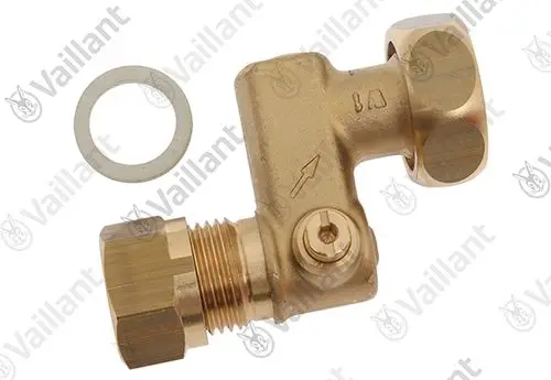 Vaillant Ventil aus Messing mit zwei Anschlüssen und einer Dichtung, geeignet für Heizungsanwendungen.